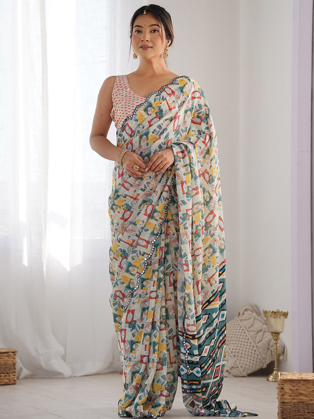 LeeliPeeri Designer Mirror Work Printed Saree With Unstitched Blouse Piece