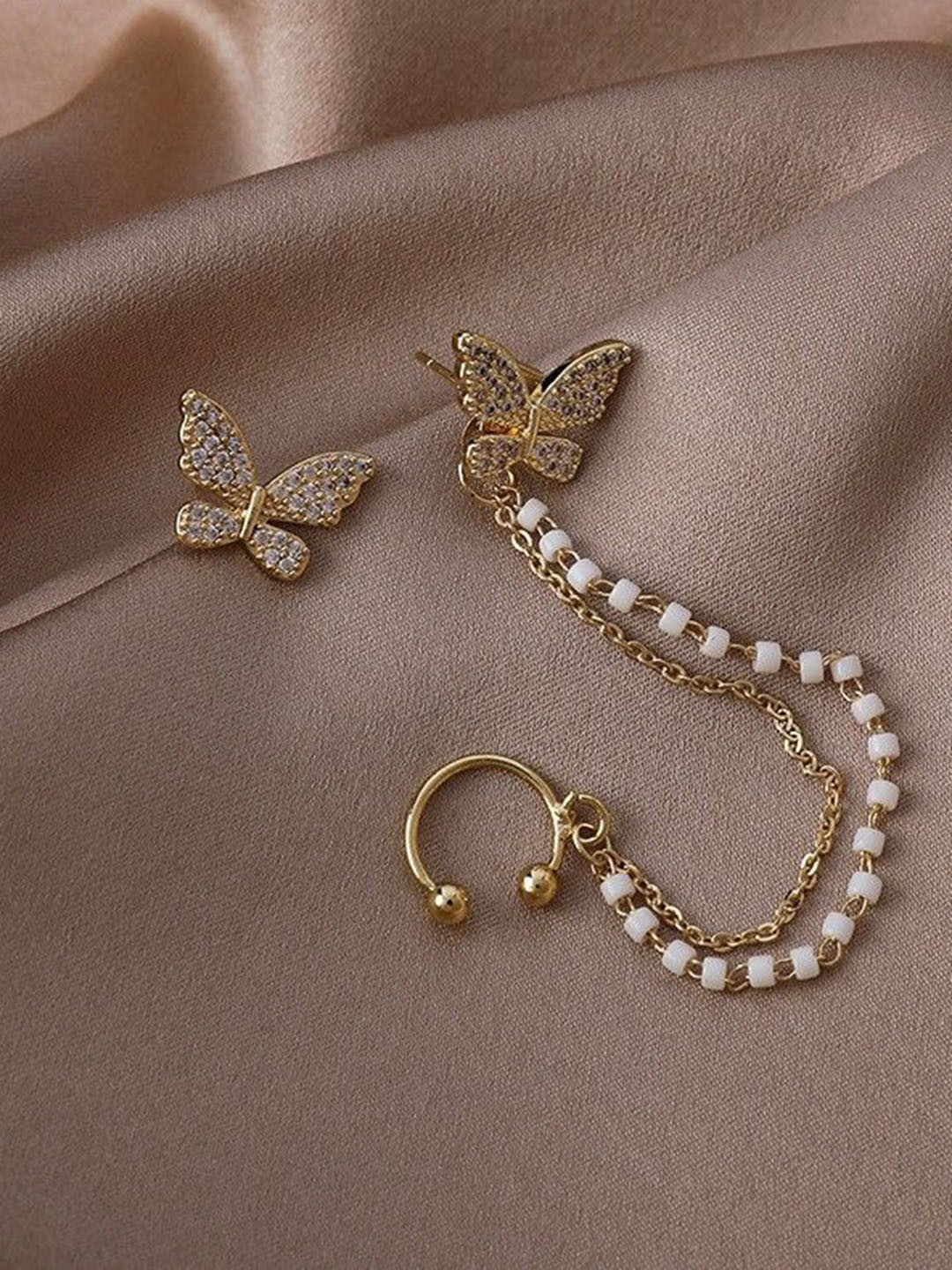 Celestique Korean Artificial Stones Studded Contemporary Shaped Studs Ear Cuff Earrings