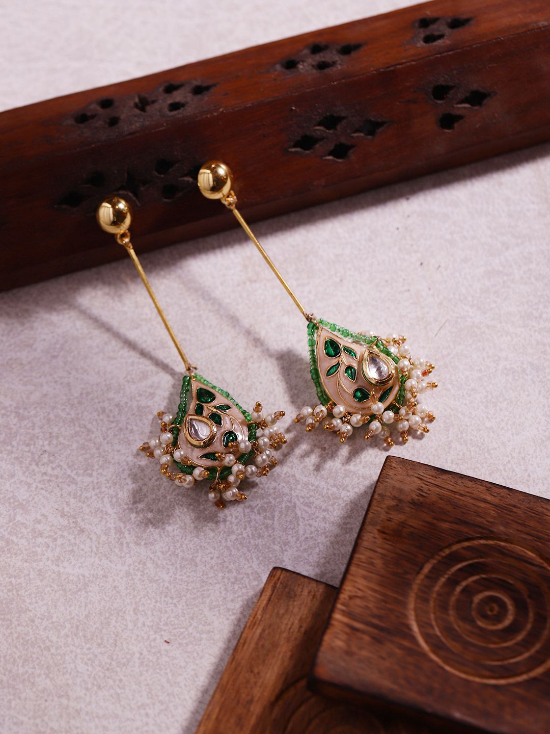 DUGRISTYLE Sharaabi Gold-Plated Kundan Studded & Beaded Contemporary Shaped Drop Earrings