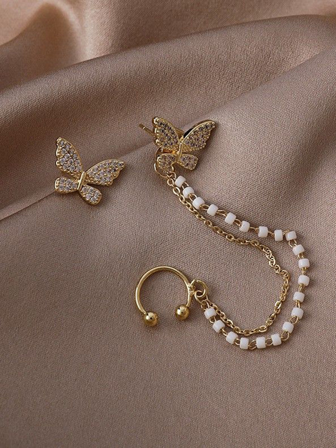 Celestique Artificial Stones Studded and Beaded Contemporary Korean Ear Cuff Earrings
