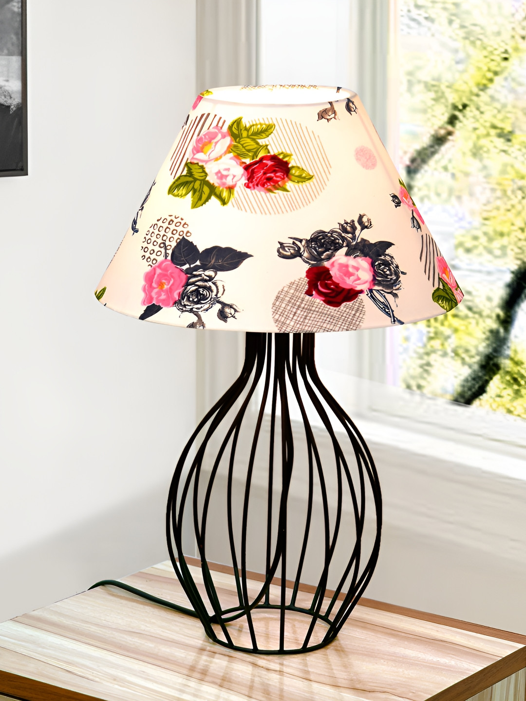 Homesake Red and White Floral Printed Metal Frustum Shaped Table Lamp