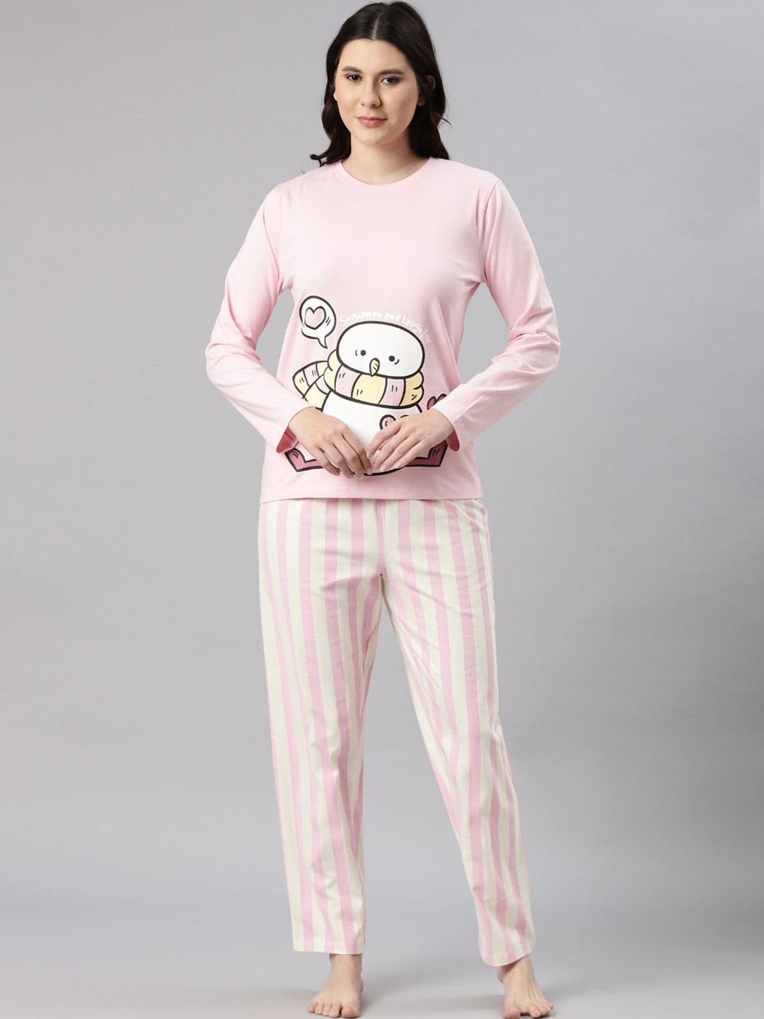 Nap Chief Women Hearty Snowman Printed Pure Cotton Relaxed Fit Night suit