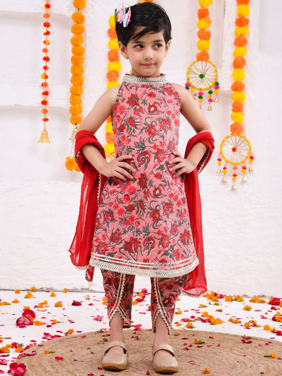 i love legacy Girls Printed Halter Neck Pure Cotton Kurta With Dhoti Pants & Dupatta
