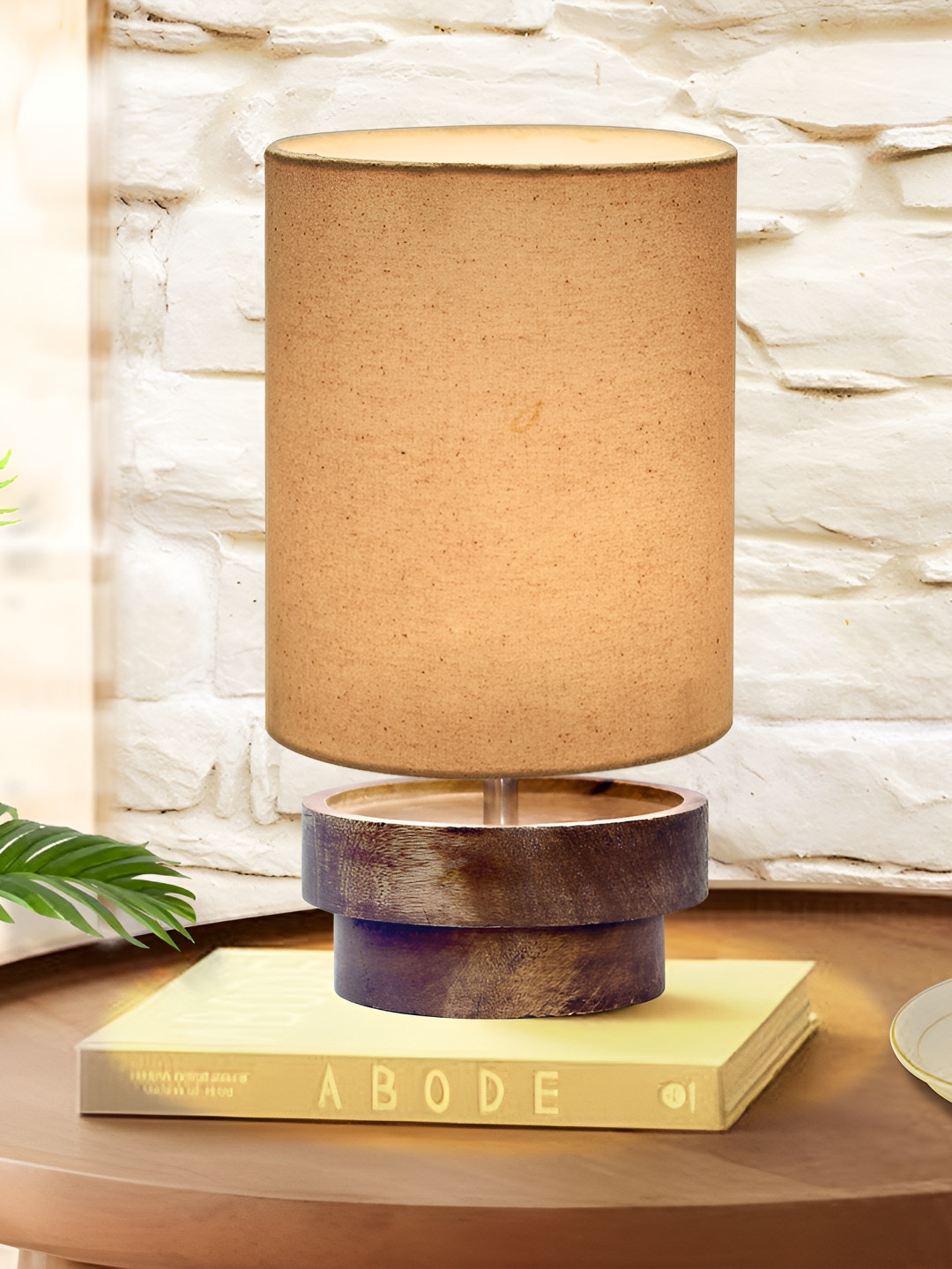 Homesake Beige and Brown Wooden Cylindrical Shaped Table Lamp