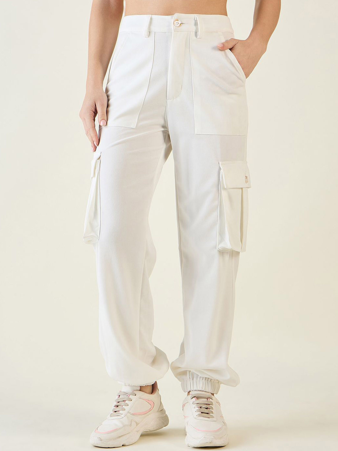 aayu Women Relaxed Loose Fit High-Rise Wrinkle Free Joggers Cargo Styles Trousers