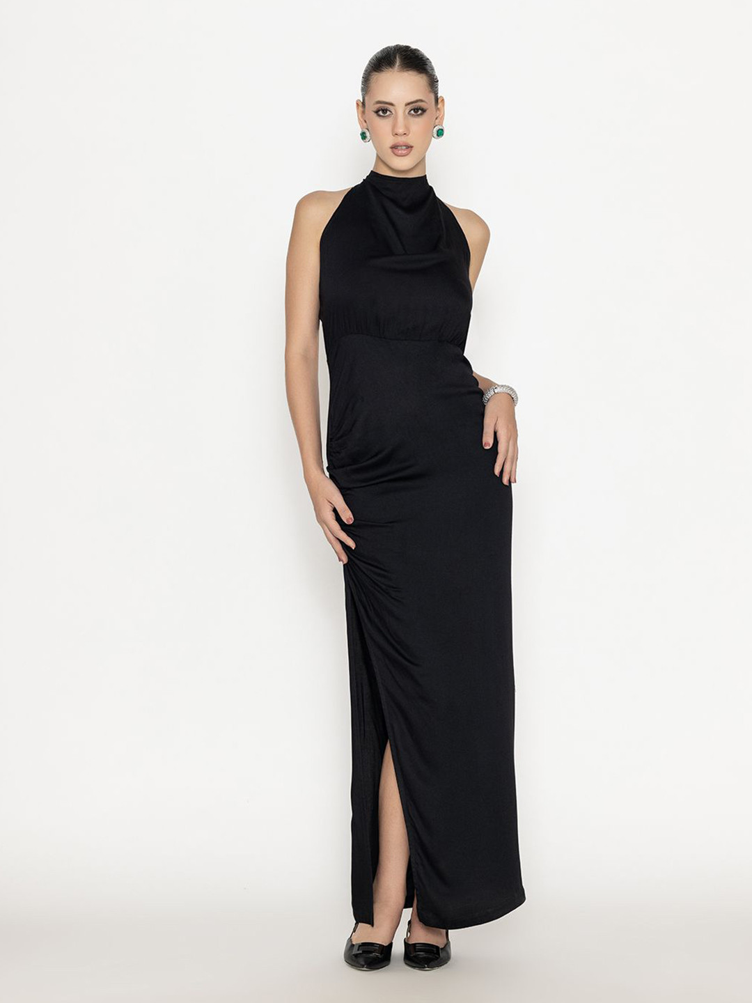 Contemponari Halter Neck Satin Backless Slits Maxi Dress
