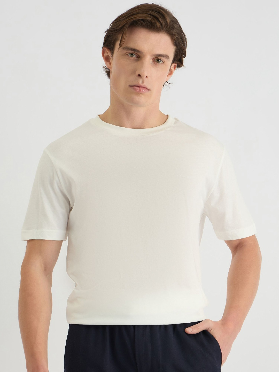 GANT Men Solid Tonal Logo Round Neck Cotton T-shirt