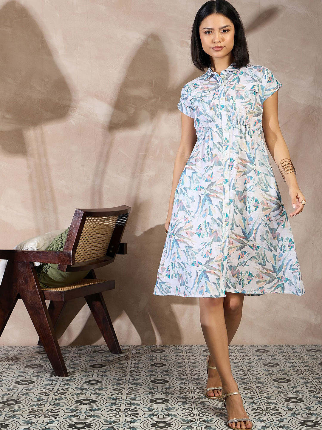 all about you Women Abstract Print Shirt Collar Crepe Fit & Flare Midi Dress