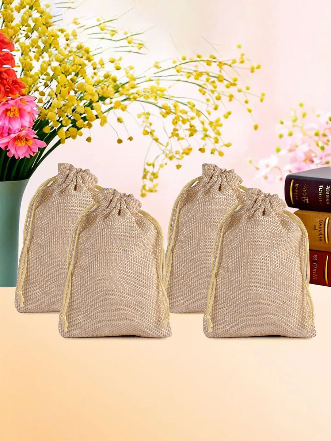 Kuber Industries Pack of 4 Checked Potli Bag Drawstring Closure Potli