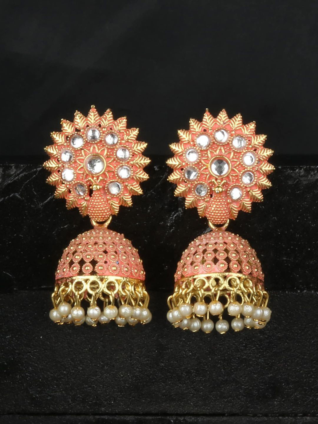 Anouk Gold-Plated Kundan Studded & Pearls Beaded Dome Shaped Enamelled Jumkas