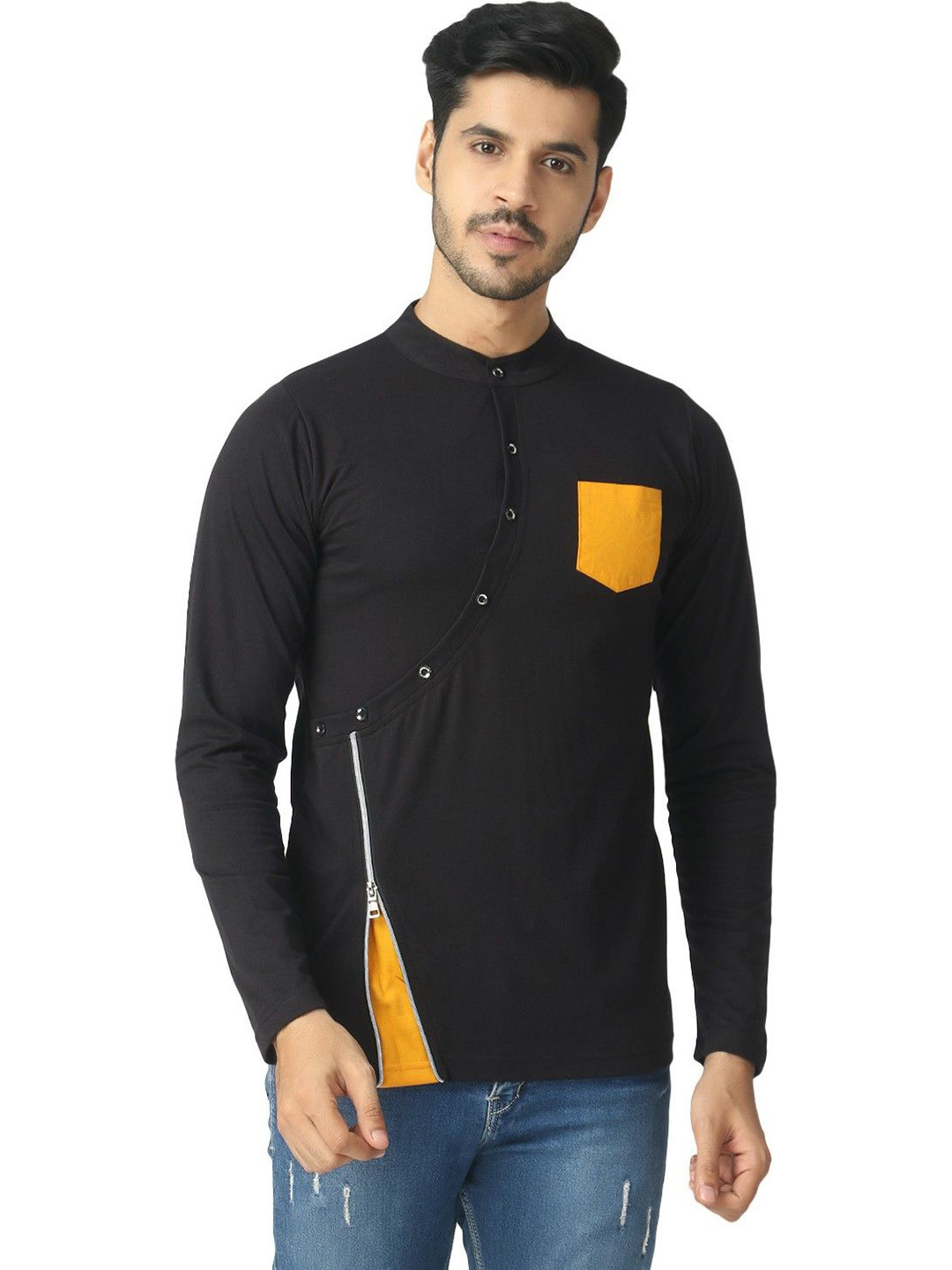 Black Collection Men Solid Mandarin Collar Cotton Slim Fit T-shirt