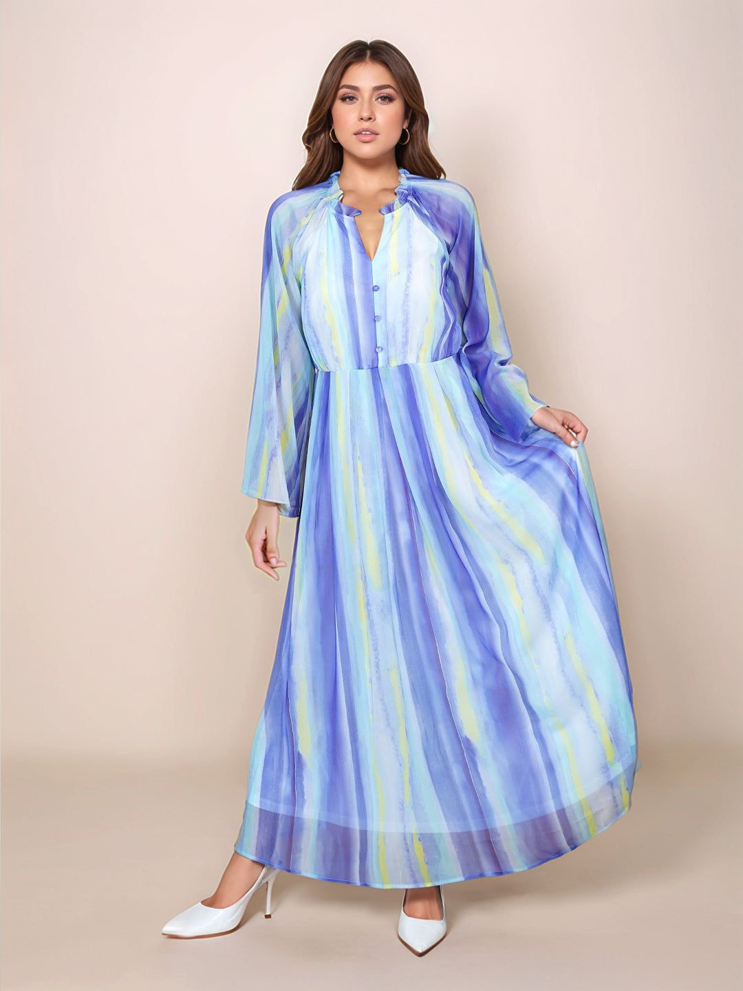 Zink London Women Blue Abstract Printed Full Sleeves Maxi Dress