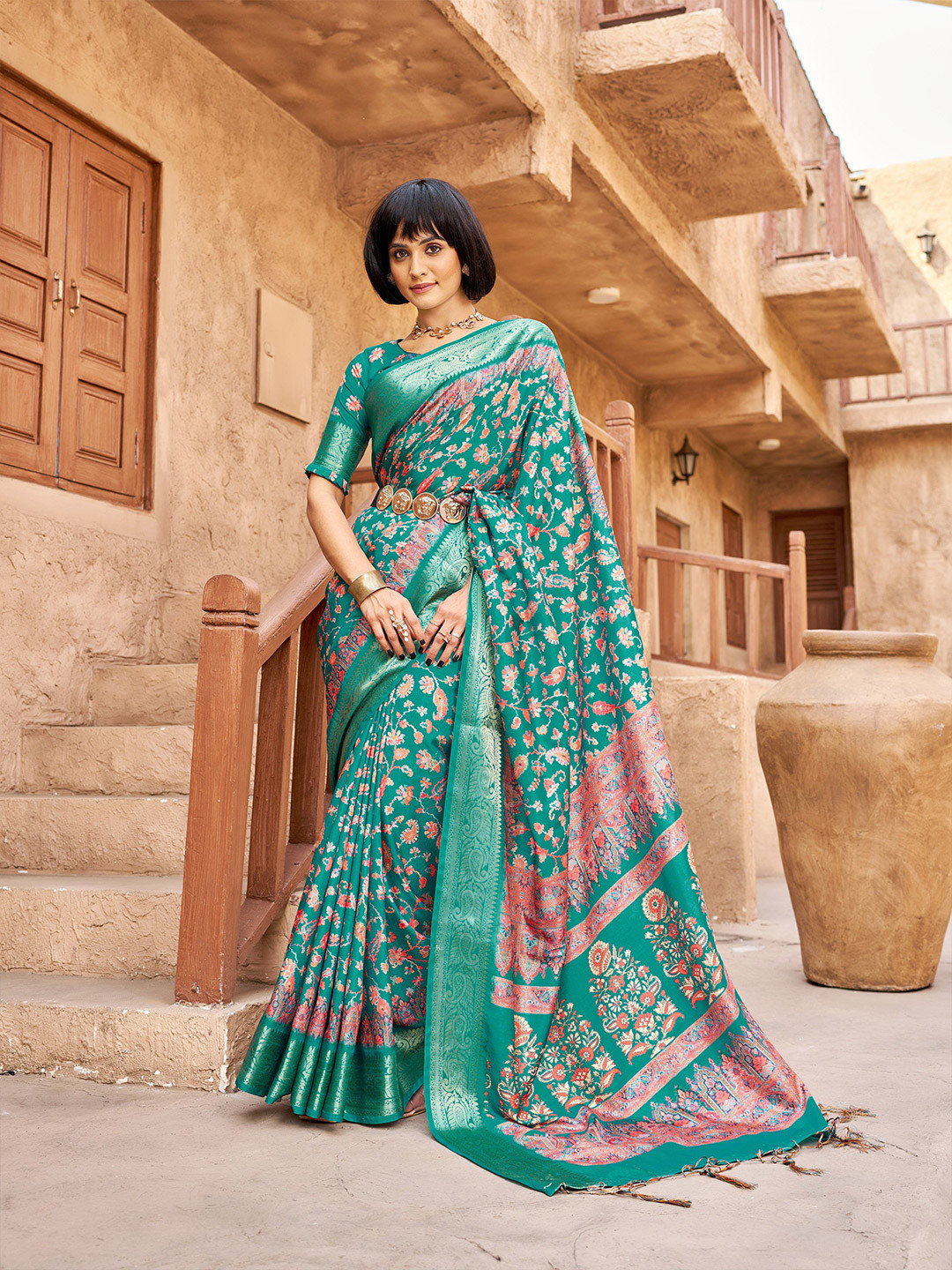 Sanu Silk Floral Silk Blend Tussar Saree