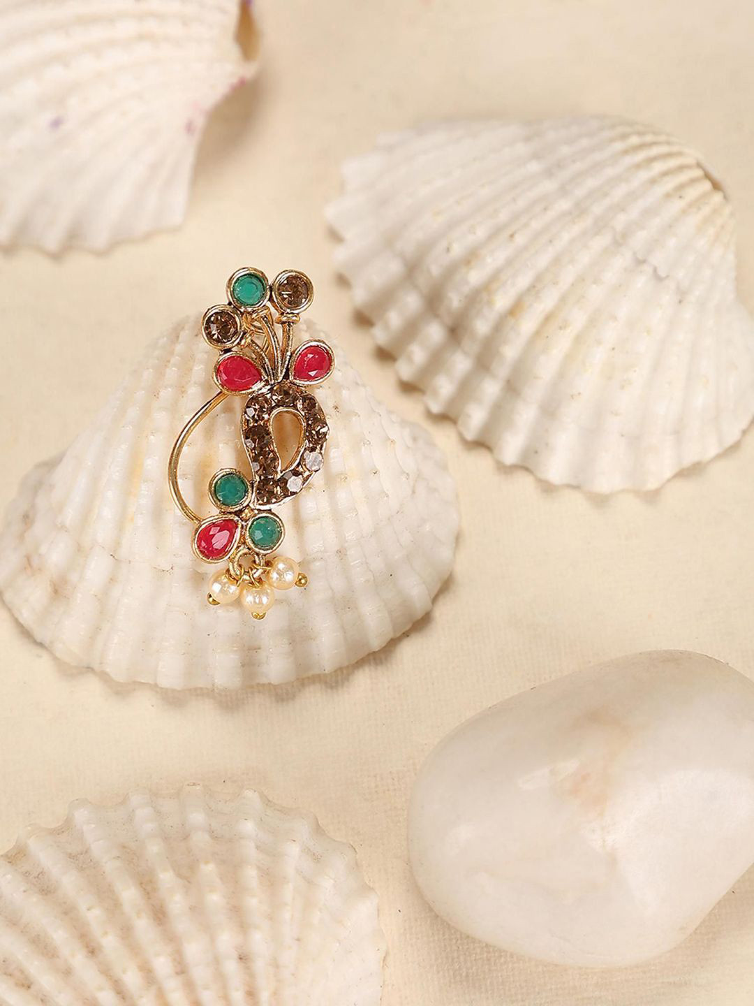 Anouk Gold-Plated Red & Green Pearls Stud Nosepin