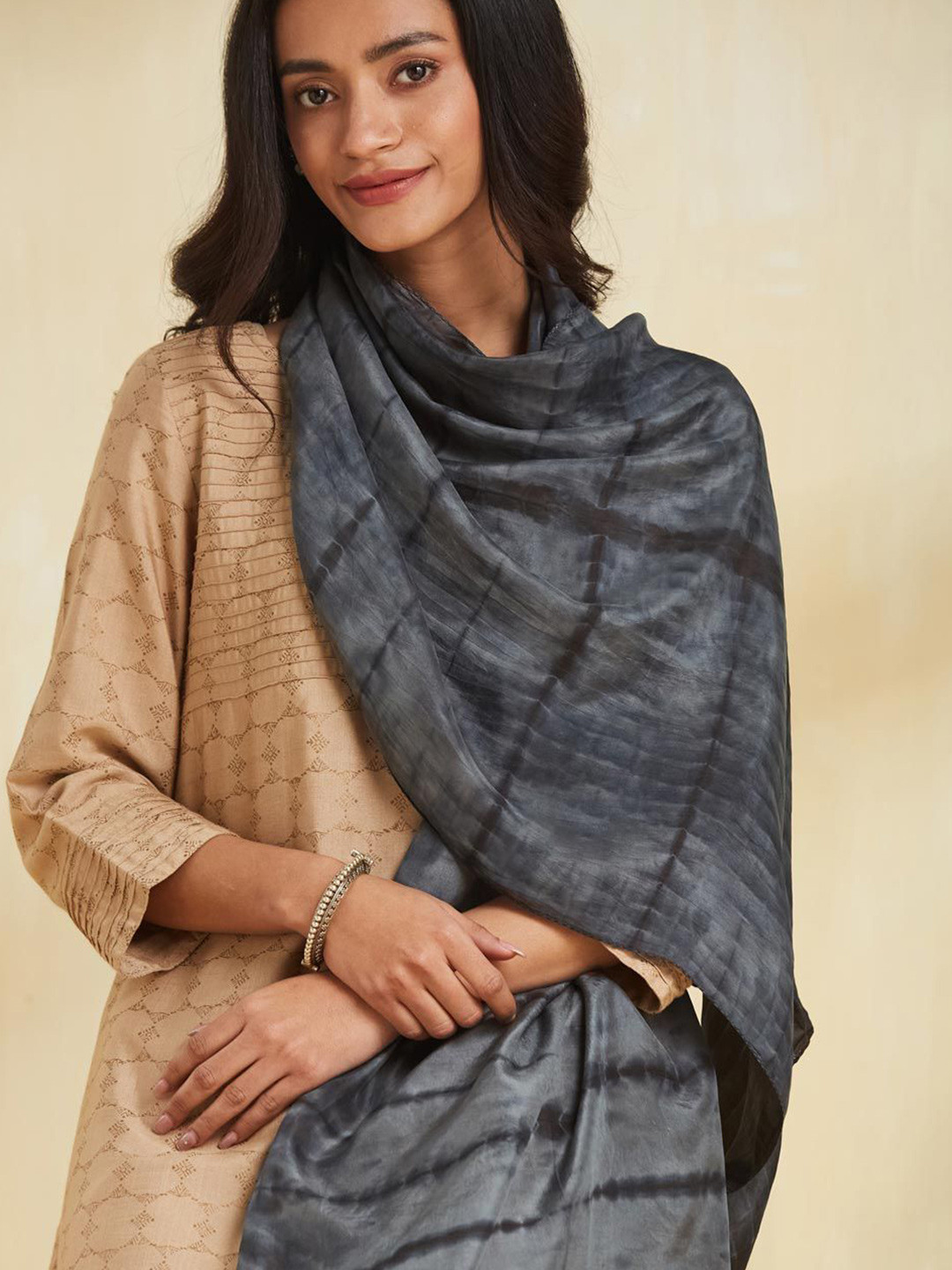 Fabindia Women Grey Silk Tie & Dye Stole