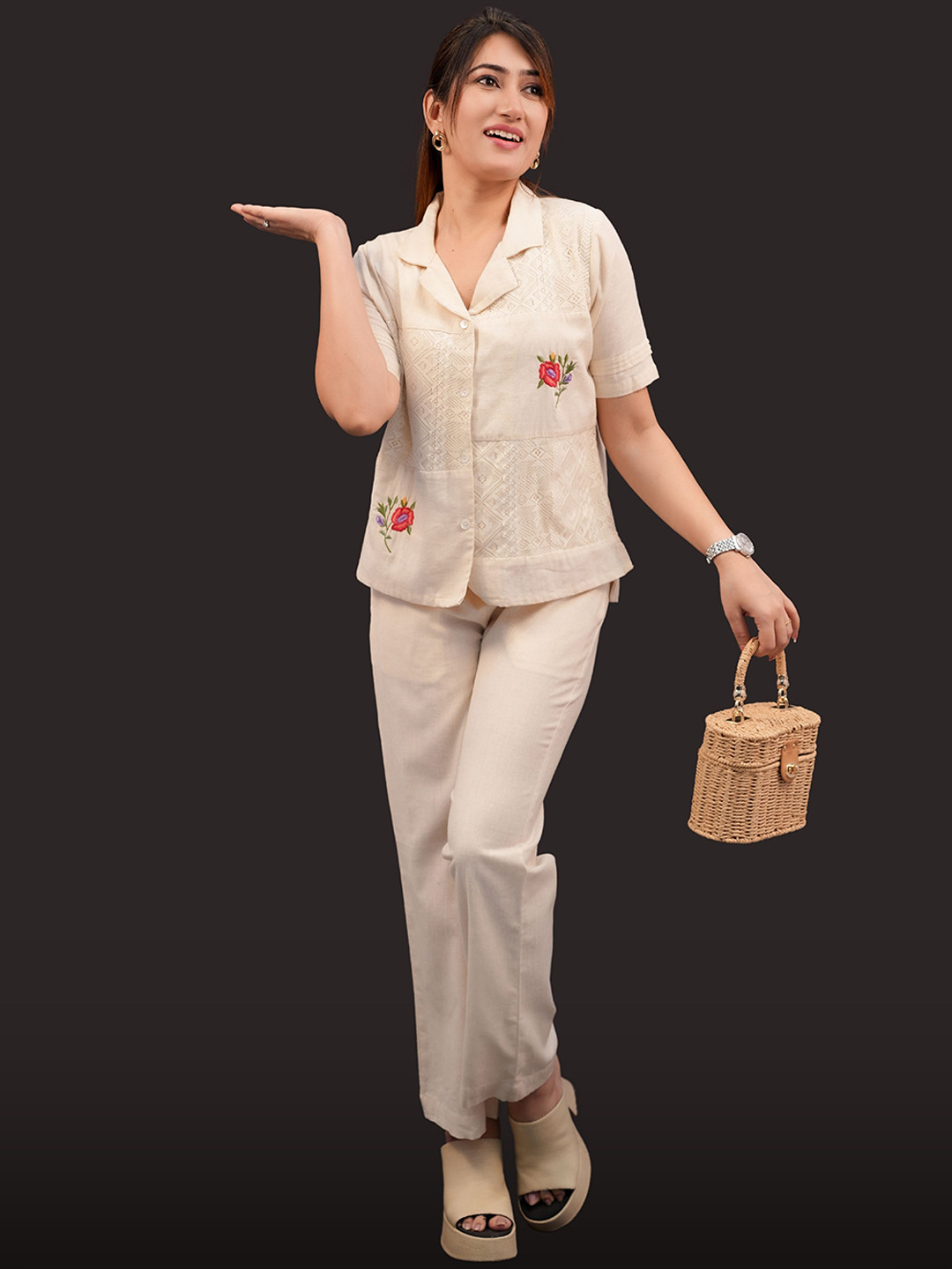 BELLO DONA CLOTHING Floral Embroidered Shirt Collar Linen Shirt With Trousers
