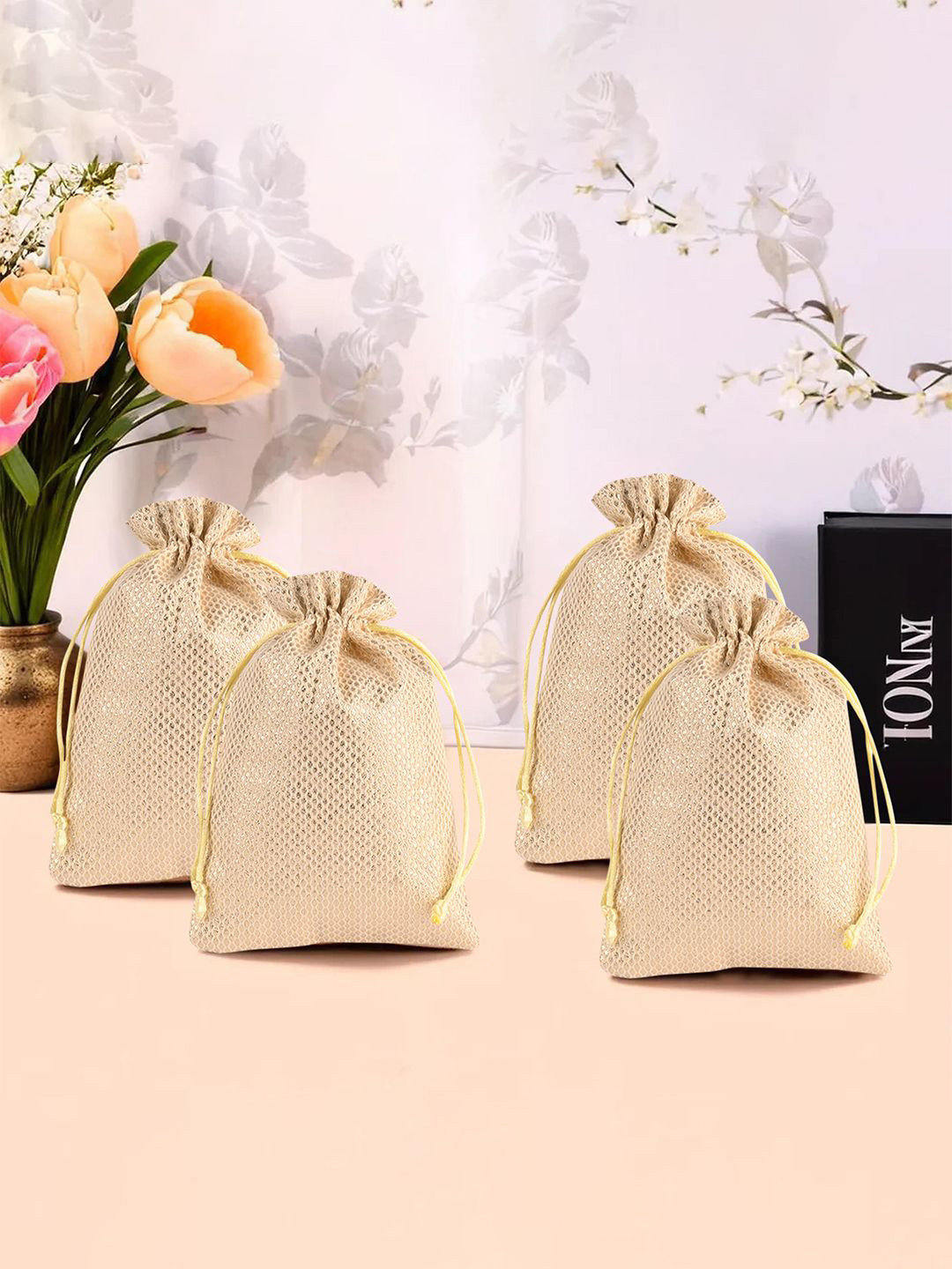 Kuber Industries Pack Of 4 Textured Potli Bag Drawstring Closure Potli