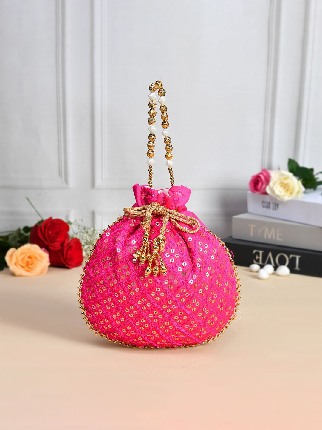 Kuber Industries Set of 1 Sequins Silk Embellished Potli Clutch Drawstring Closure Potli