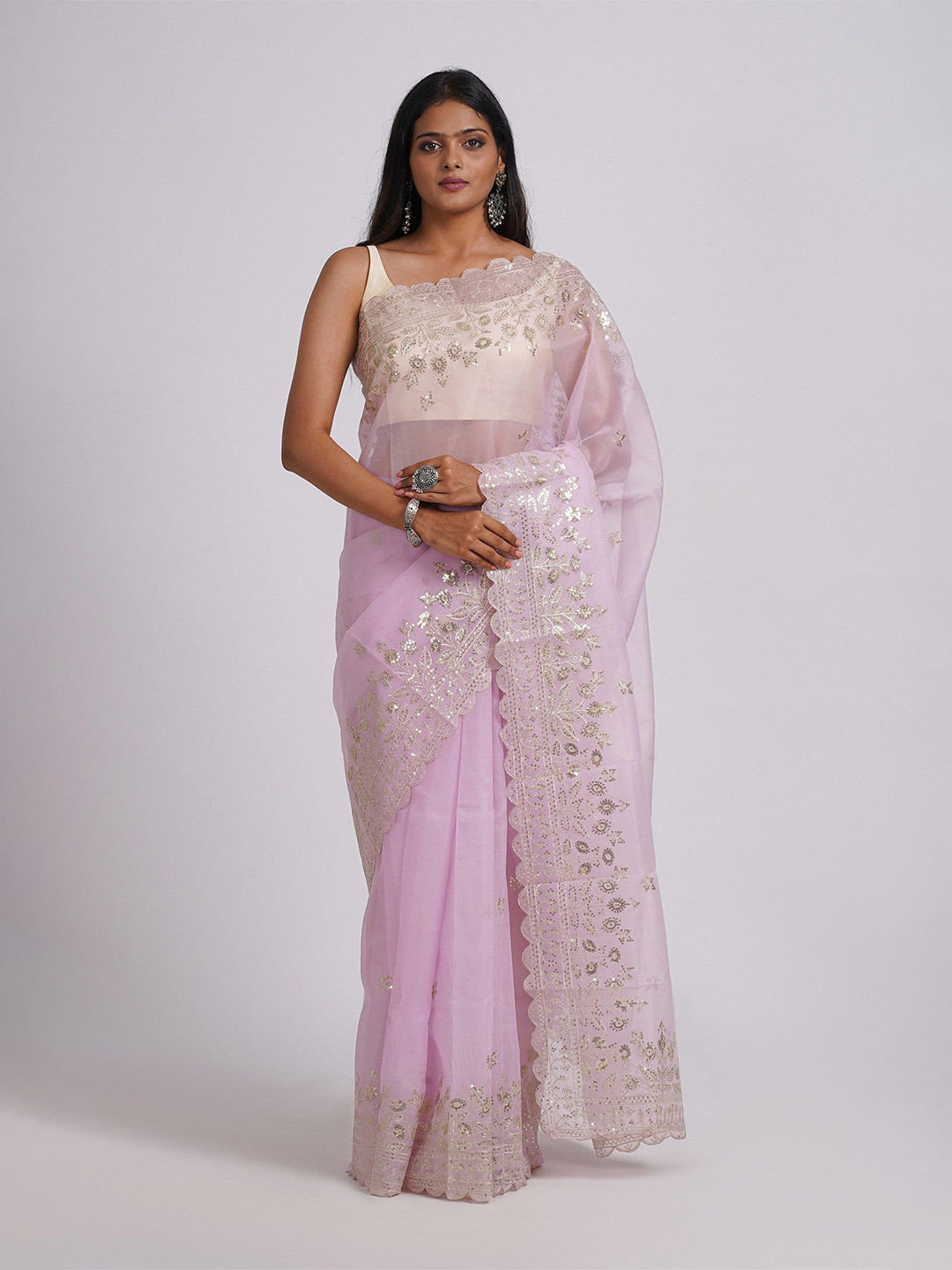 TEEJH Maisha Lilac Sequin Embroidery Organza Saree