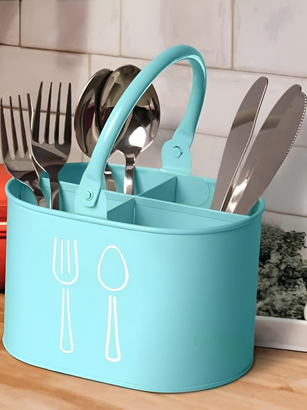 Homspurts Blue & White Spoon & Fork Printed Cutlery Holder
