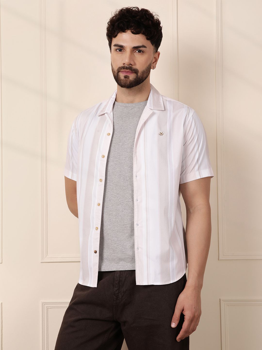 WROGN Men Comfort Fit Cuban Collar Vertical Striped Cotton Casual Shirt