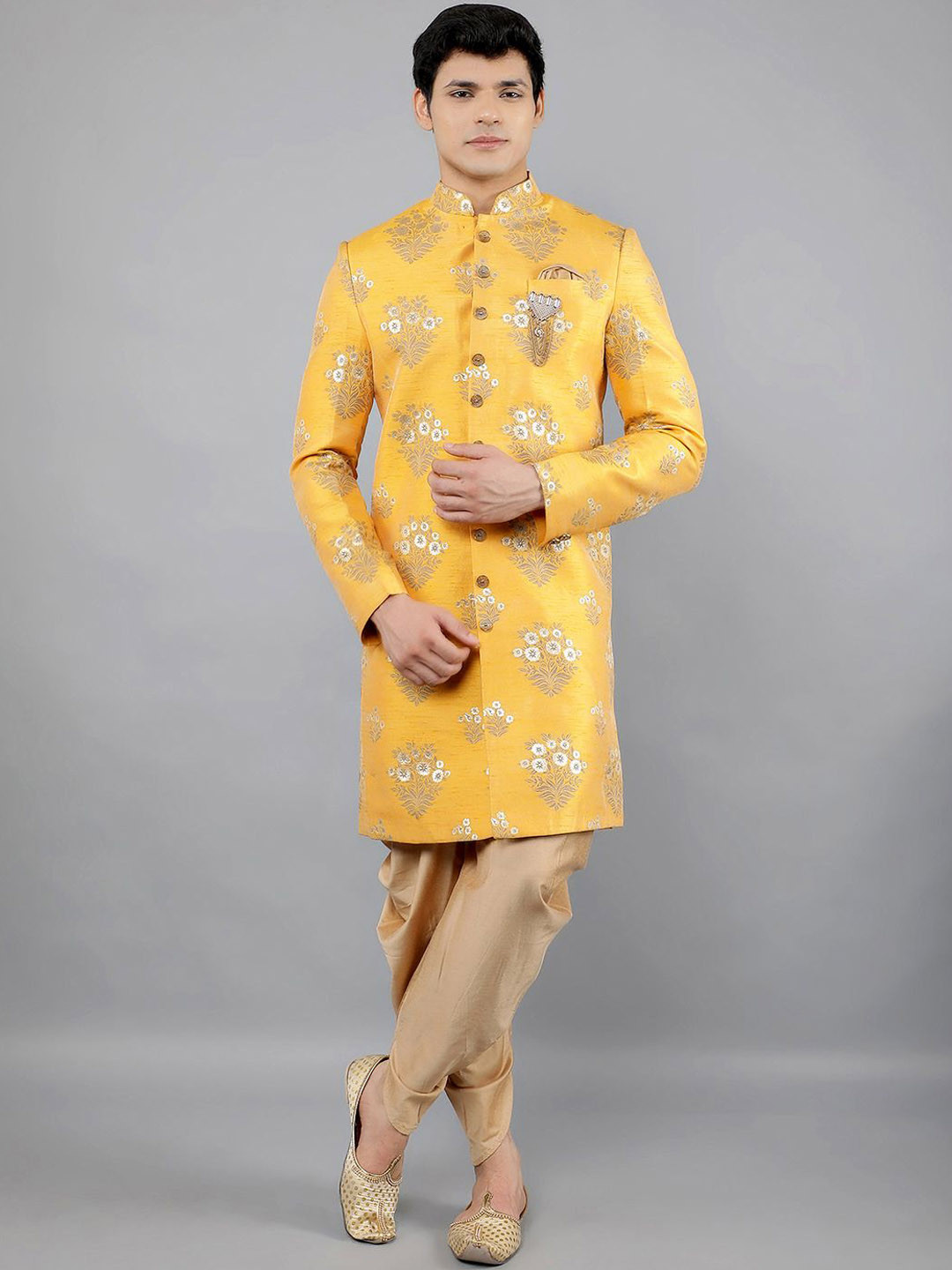 Manish Creations Mandarin Collar Knee Length Sherwani Set