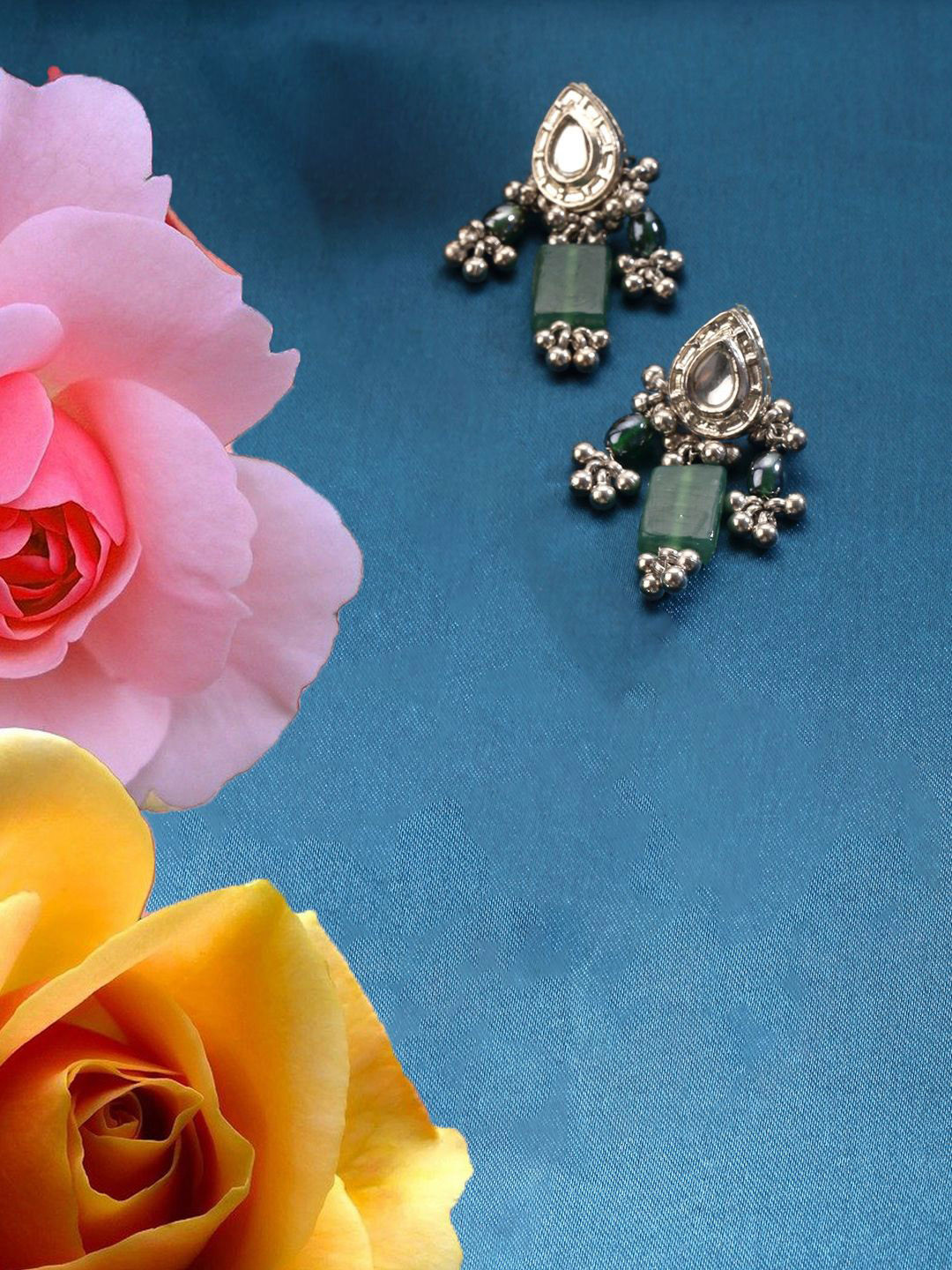 DUGRISTYLE Lagoon Silver-Plated Kundan Studded & Beaded Contemporary Drop Earrings
