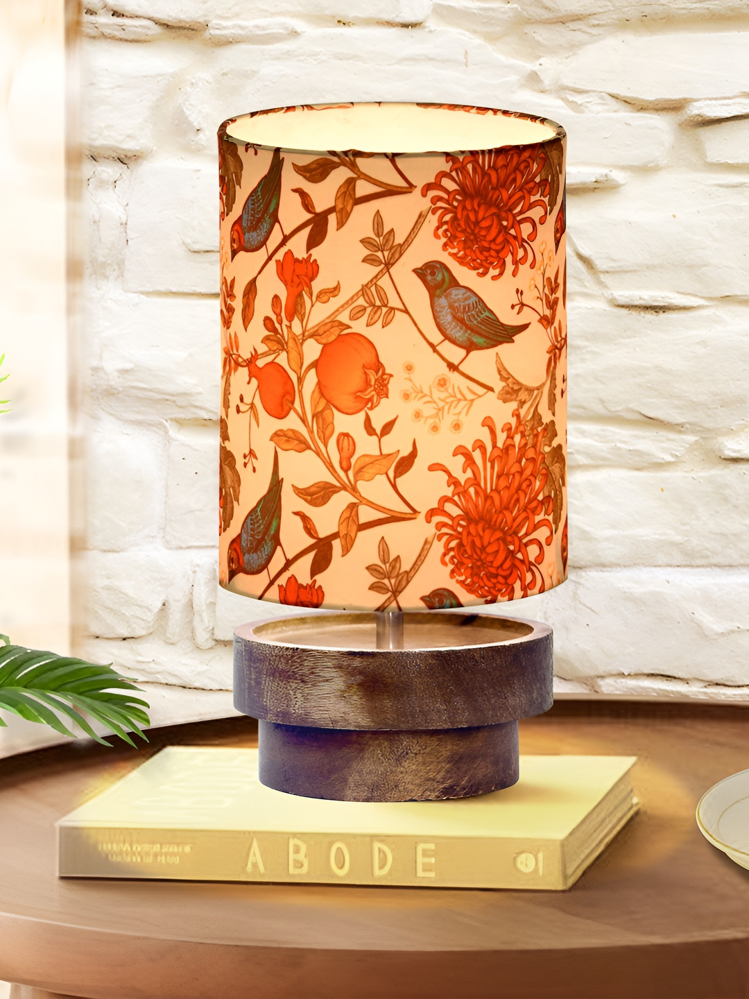 Homesake White and Red Floral Printed Wooden Cylindrical Shaped Table Lamp