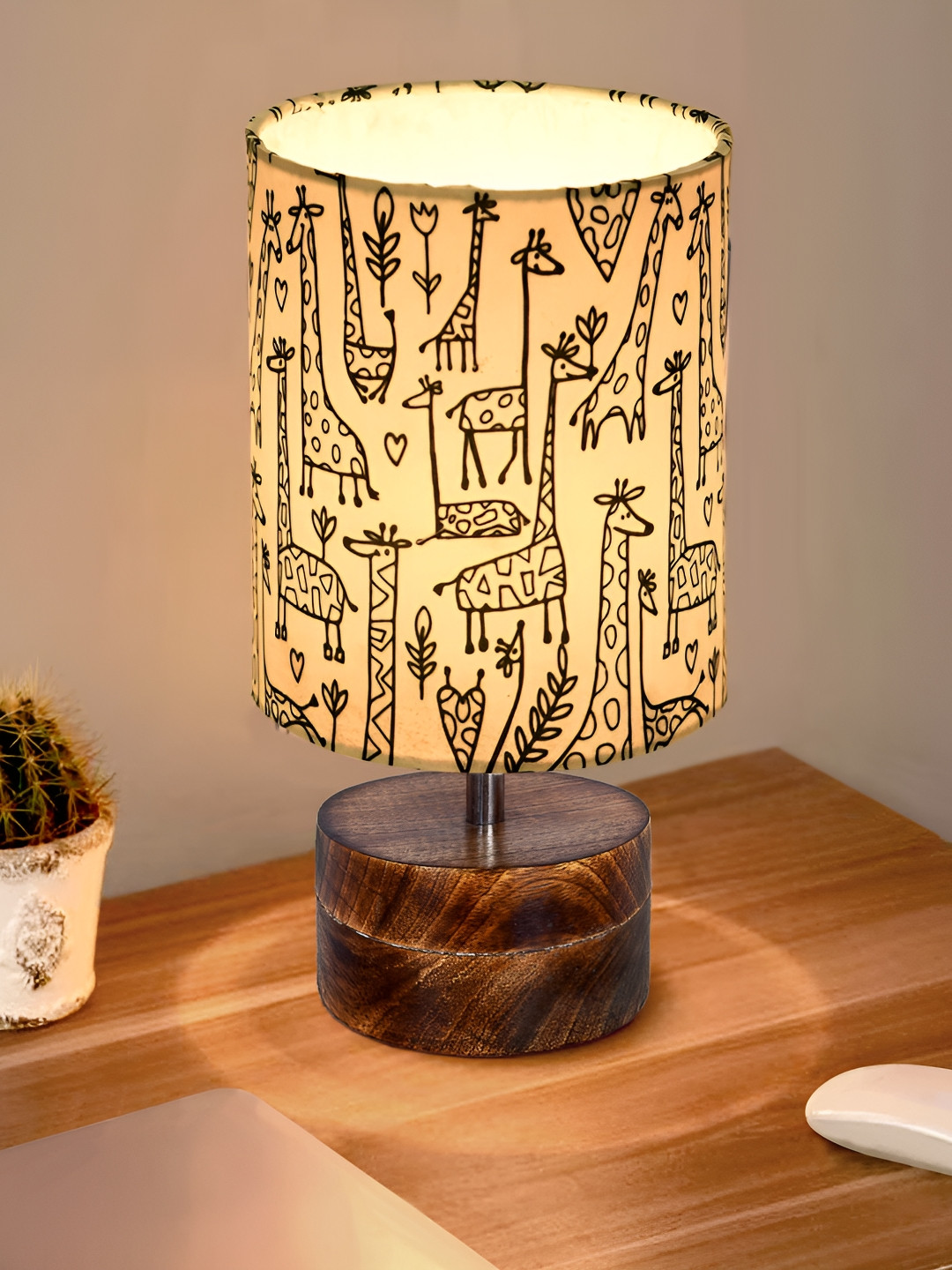 Homesake Zen Yellow and Brown Printed Wooden Cylindrical Shaped Table Lamp