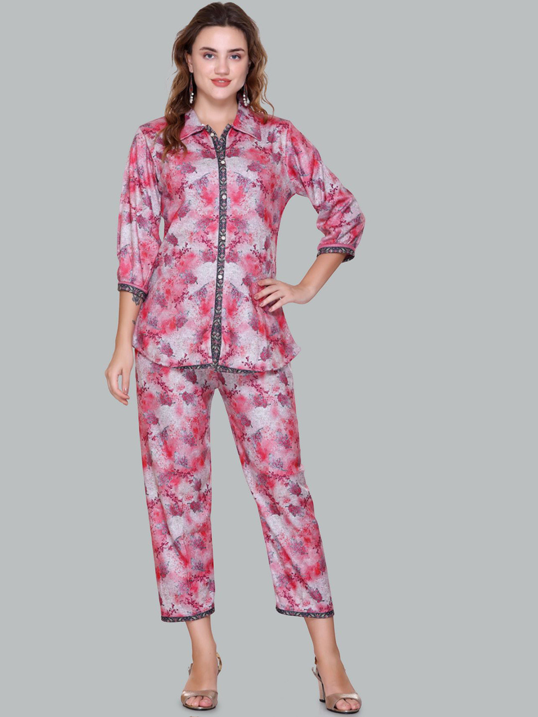 Pink Berry Floral Printed Shirt Collar Long Sleeves Shirt With Trousers