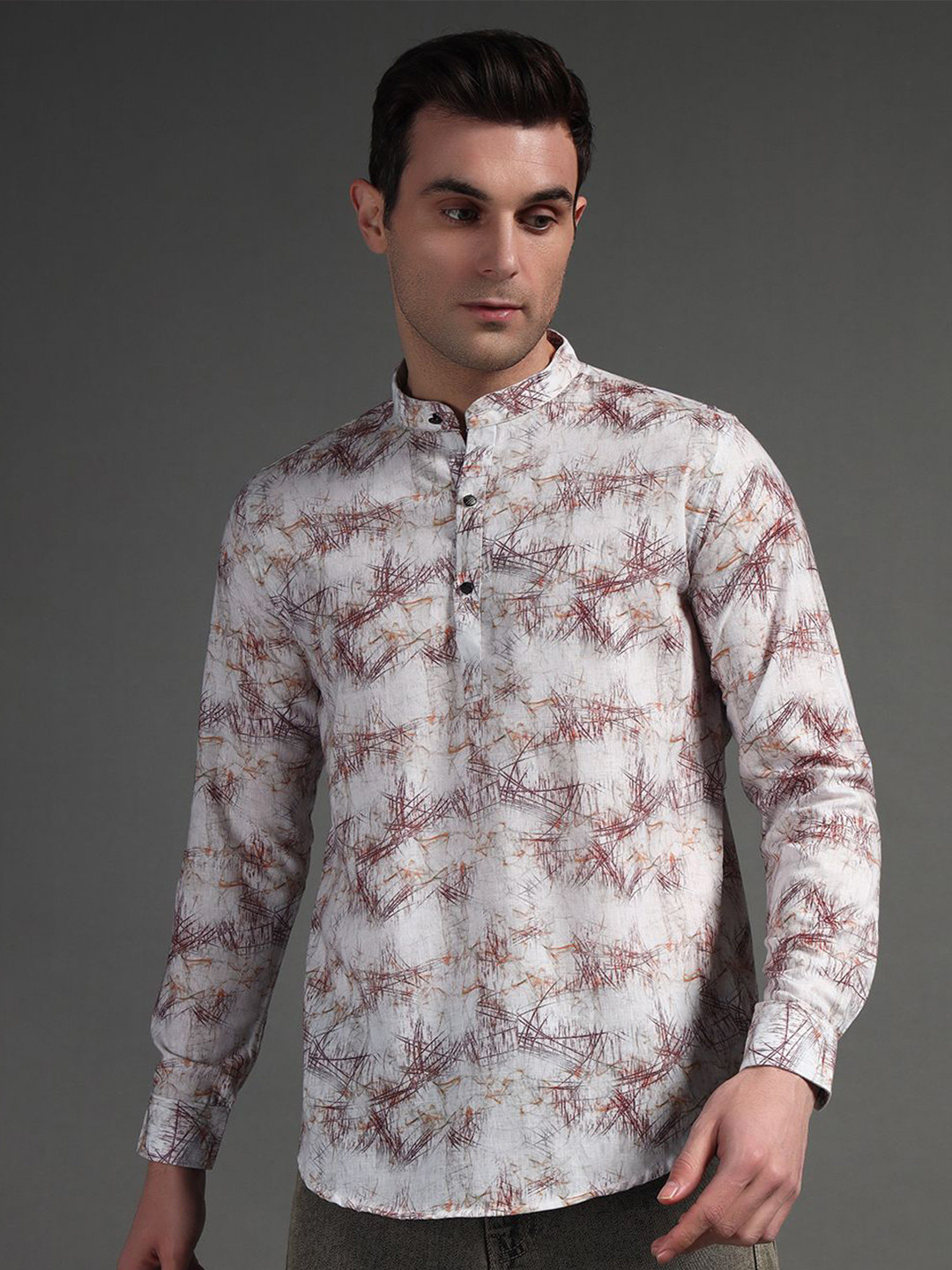 SUI DHAGA Men India Slim Fit Band Collar Abstract Printed Cotton Casual Shirt