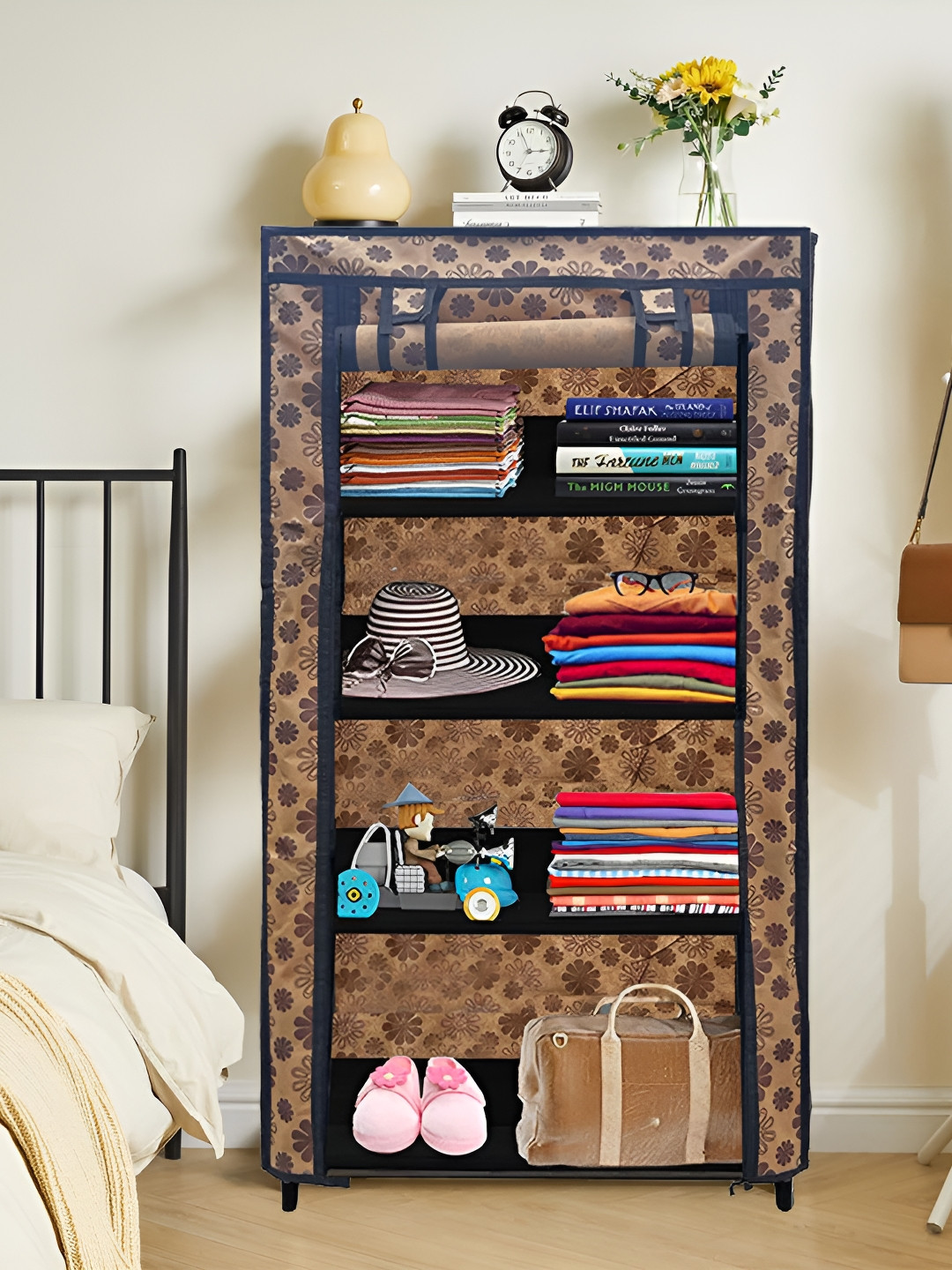 Rmerchants Beige & Brown Floral Printed Waterproof 4 Layer Rack