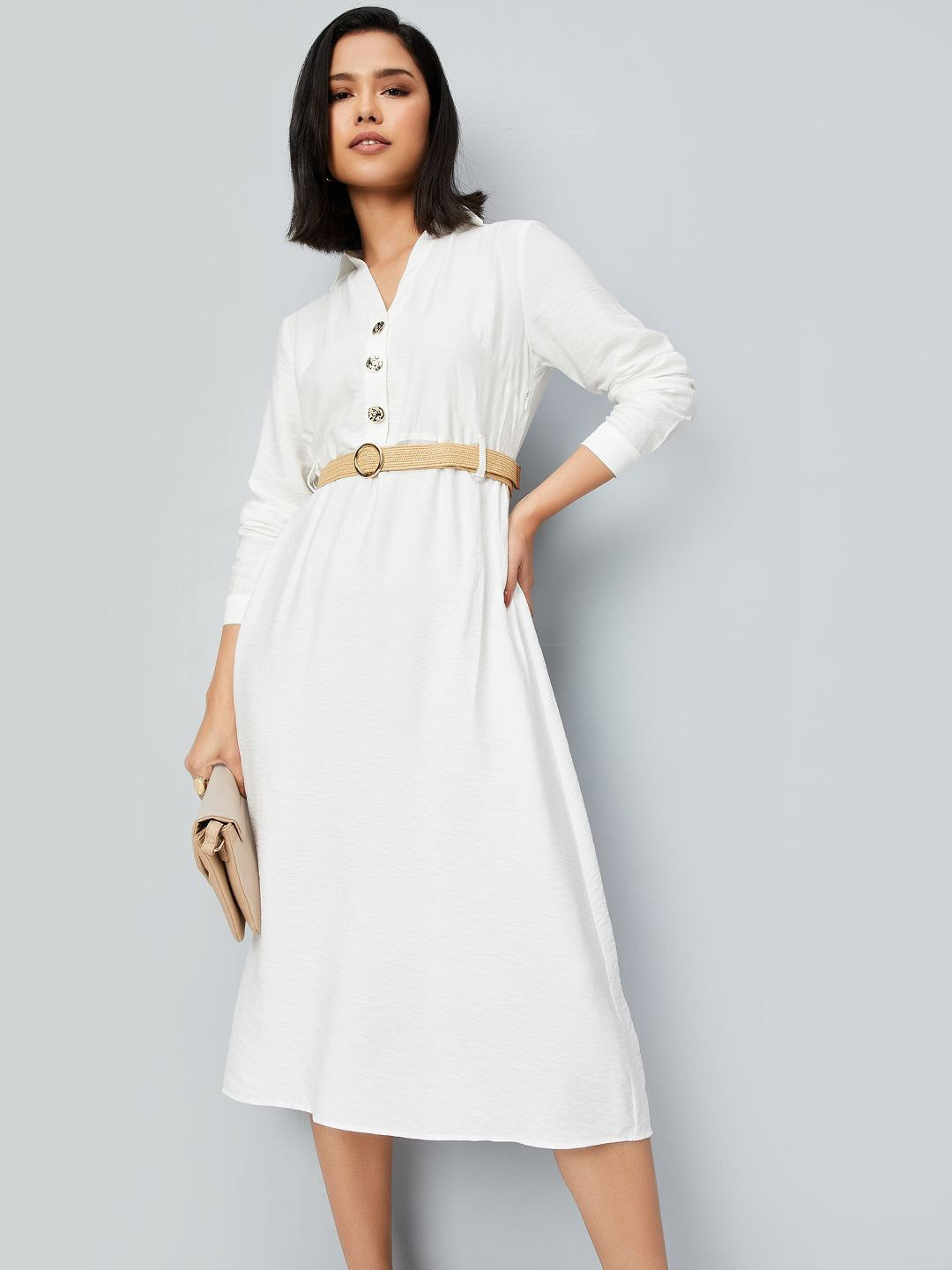 Max Women Solid White Shirt Collar A-Line Midi Dress