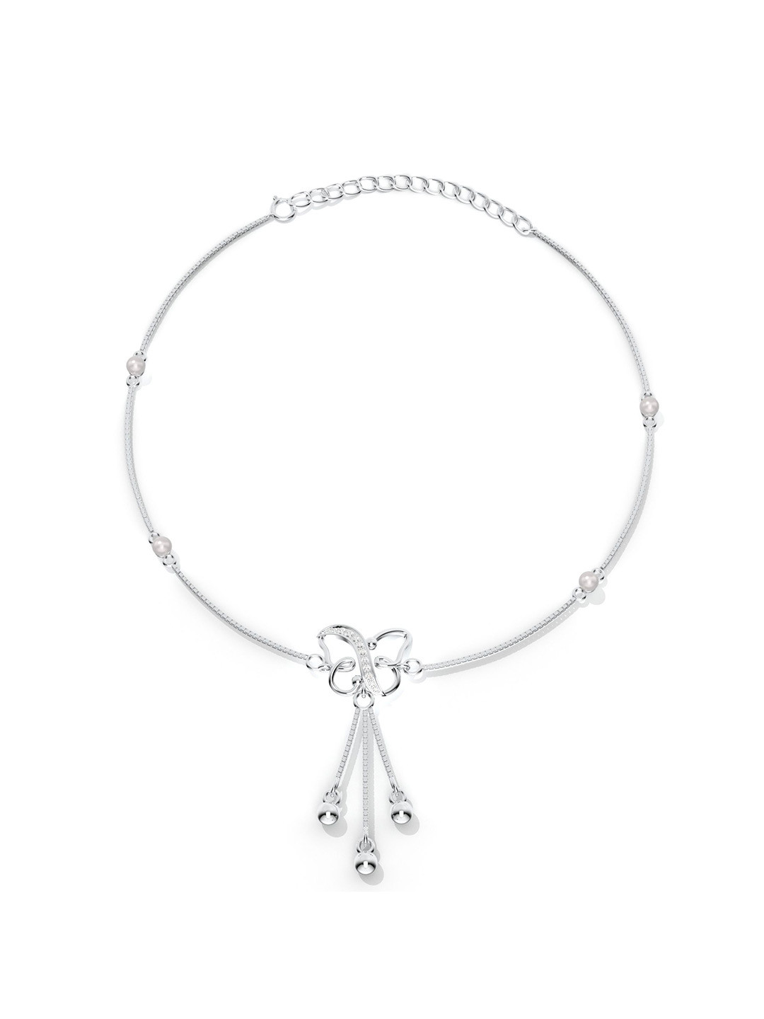 Kicky And Perky Sterling Silver Rhodium-Plated Pearls Studded Butterfly Shaped Anklet