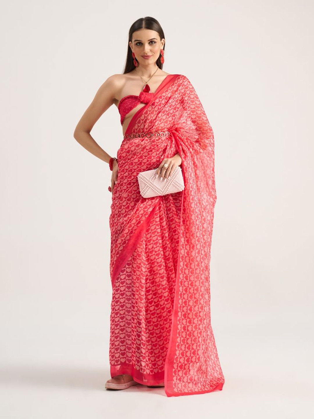Suha Heart Printed Organza Belted Saree