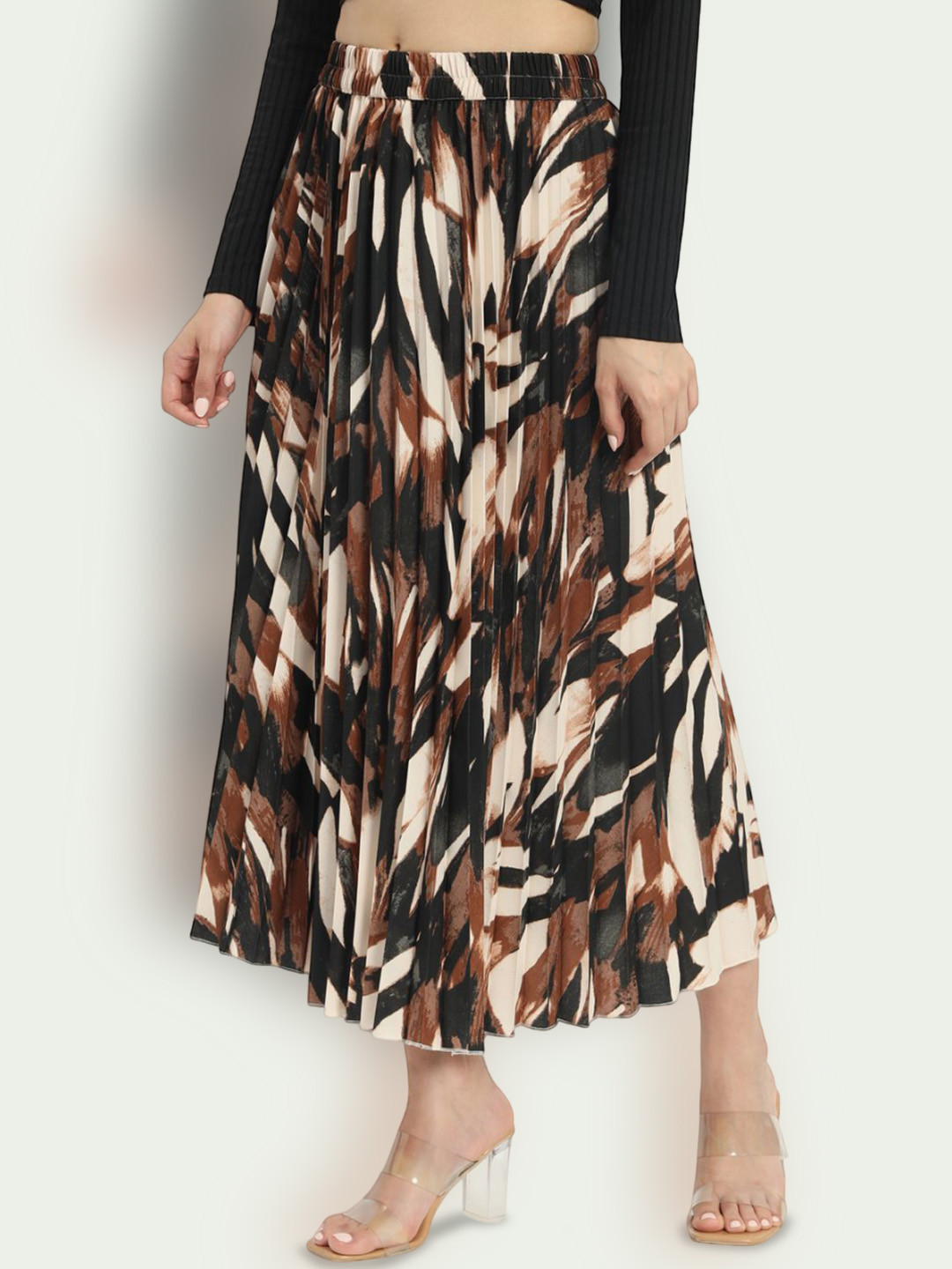 ZWERLON Women Printed Accordion Pleats Slip-On Flared Midi Skirt