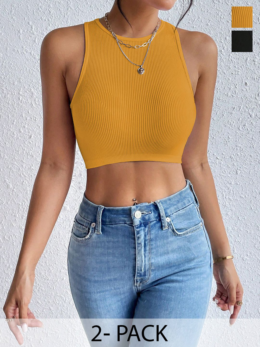 Women Solid Round Neck Sleeveless Pack Of 2 Crop Top