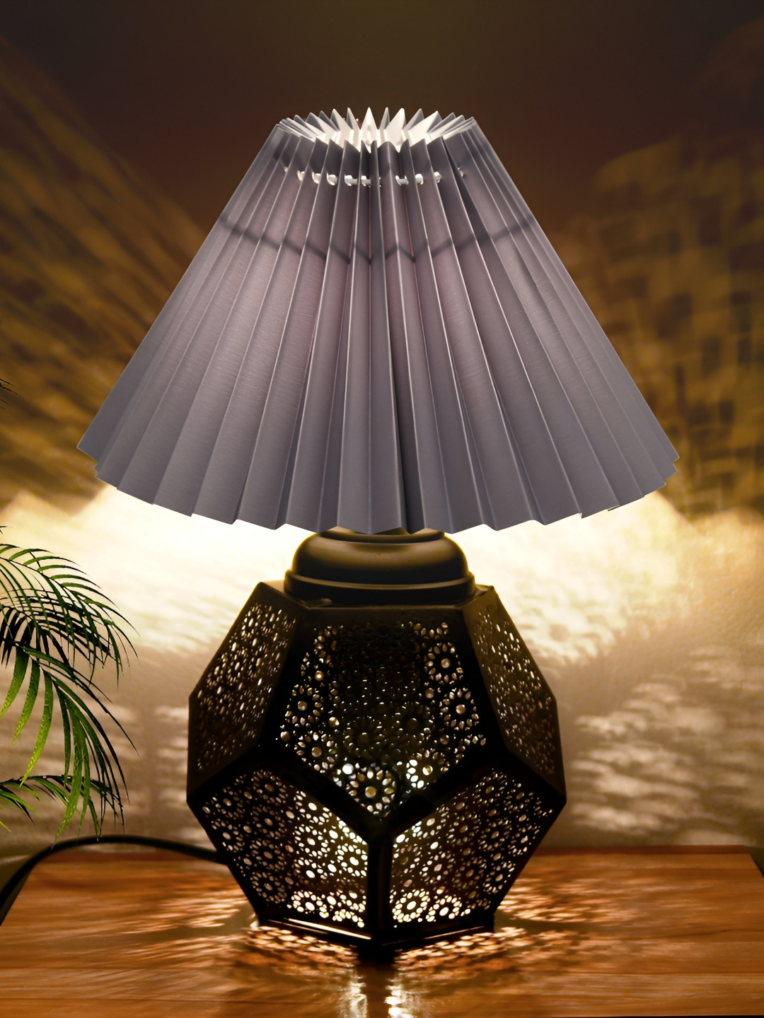 Homesake Grey Pleated Frustum Shaped Table Lamp With Metal Base