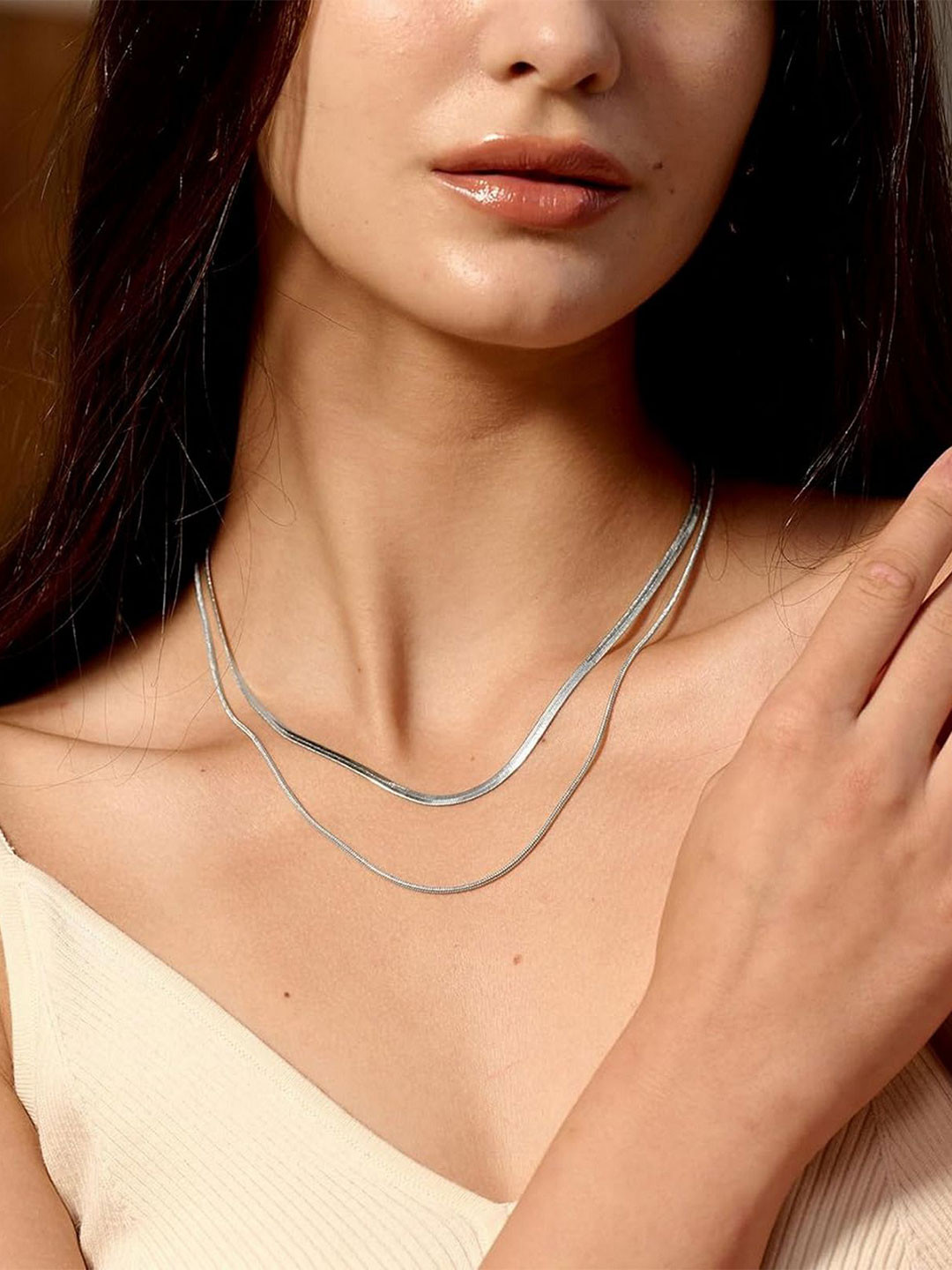 VAMA Women Set of 2 Stainless Steel Silver Herringbone Round Snake Necklace Chain