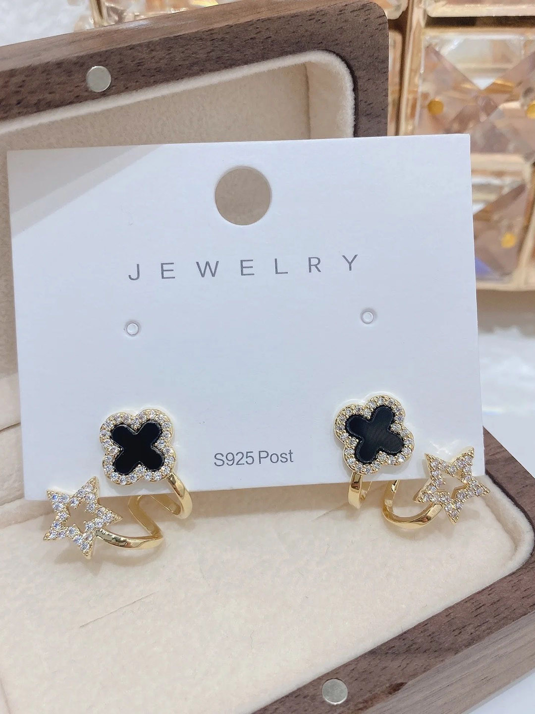 Celestique Cubic Zirconia Studded Star Leaf Shaped Korean Studs