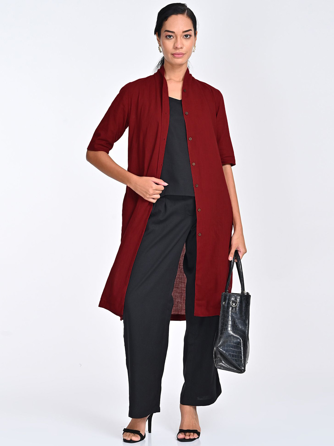 Saltpetre Maroon Overlay With Black Sliptop &  Wide Leg Pants
