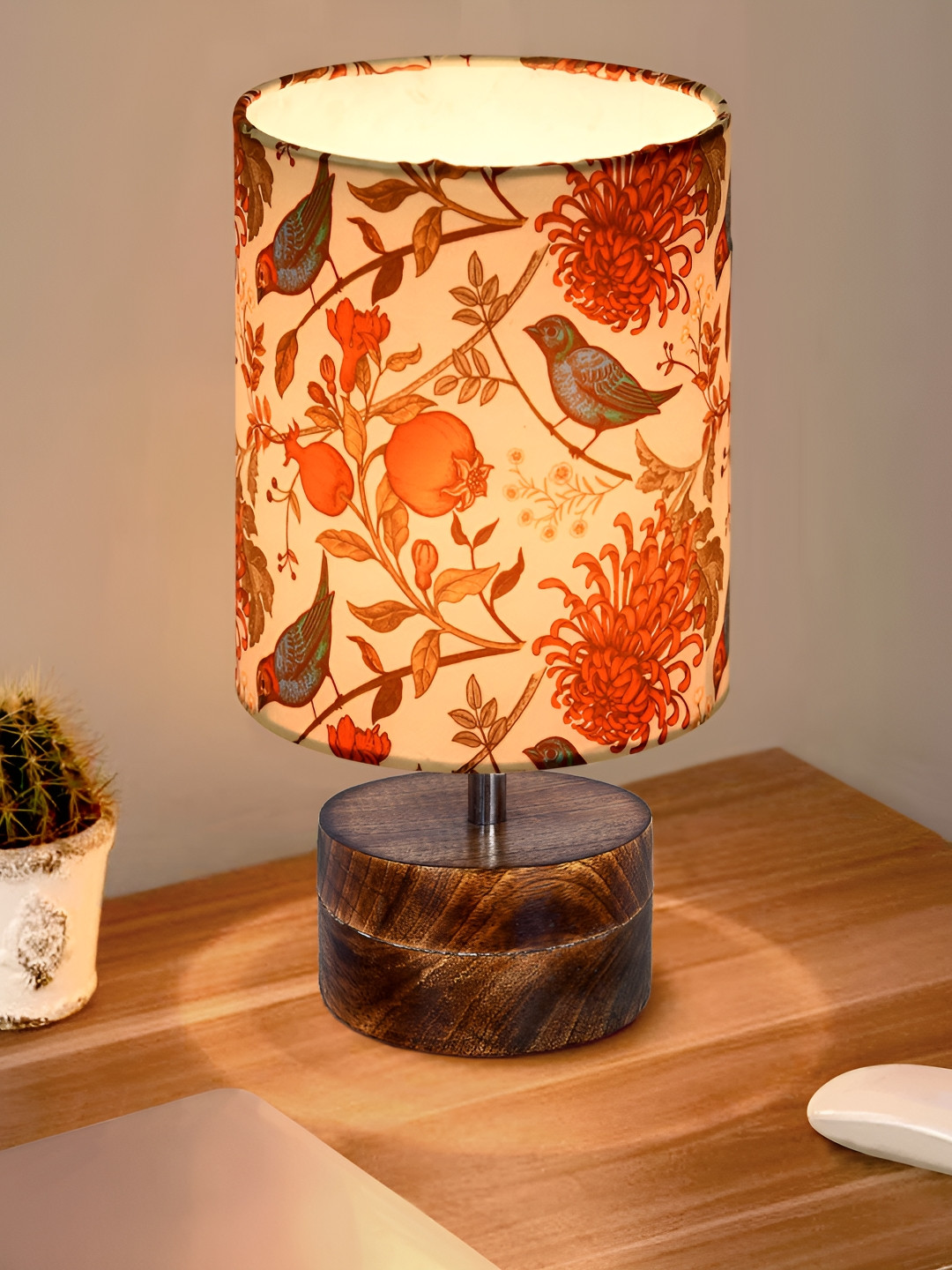 Homesake Beige& Red Bird Printed Cylindrical Shaped Wooden Table Lamp