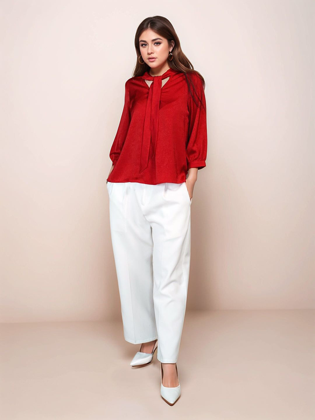 Zink London Women Crimson Red Solid 3/4th Sleeves Top