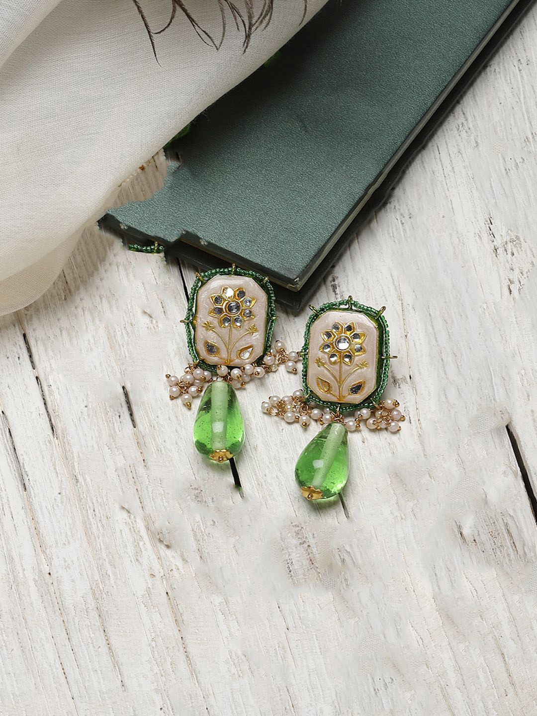 DUGRISTYLE Bonsai Gold-Plated Kundan Studded & Beaded Contemporary Shaped Drop Earrings