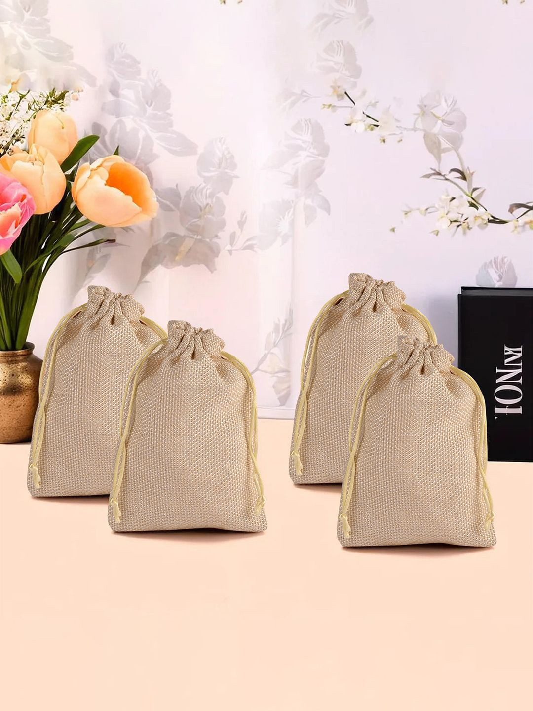 Kuber Industries Pack of 4 Checked Jute Potli Bag Drawstring Closure Potli