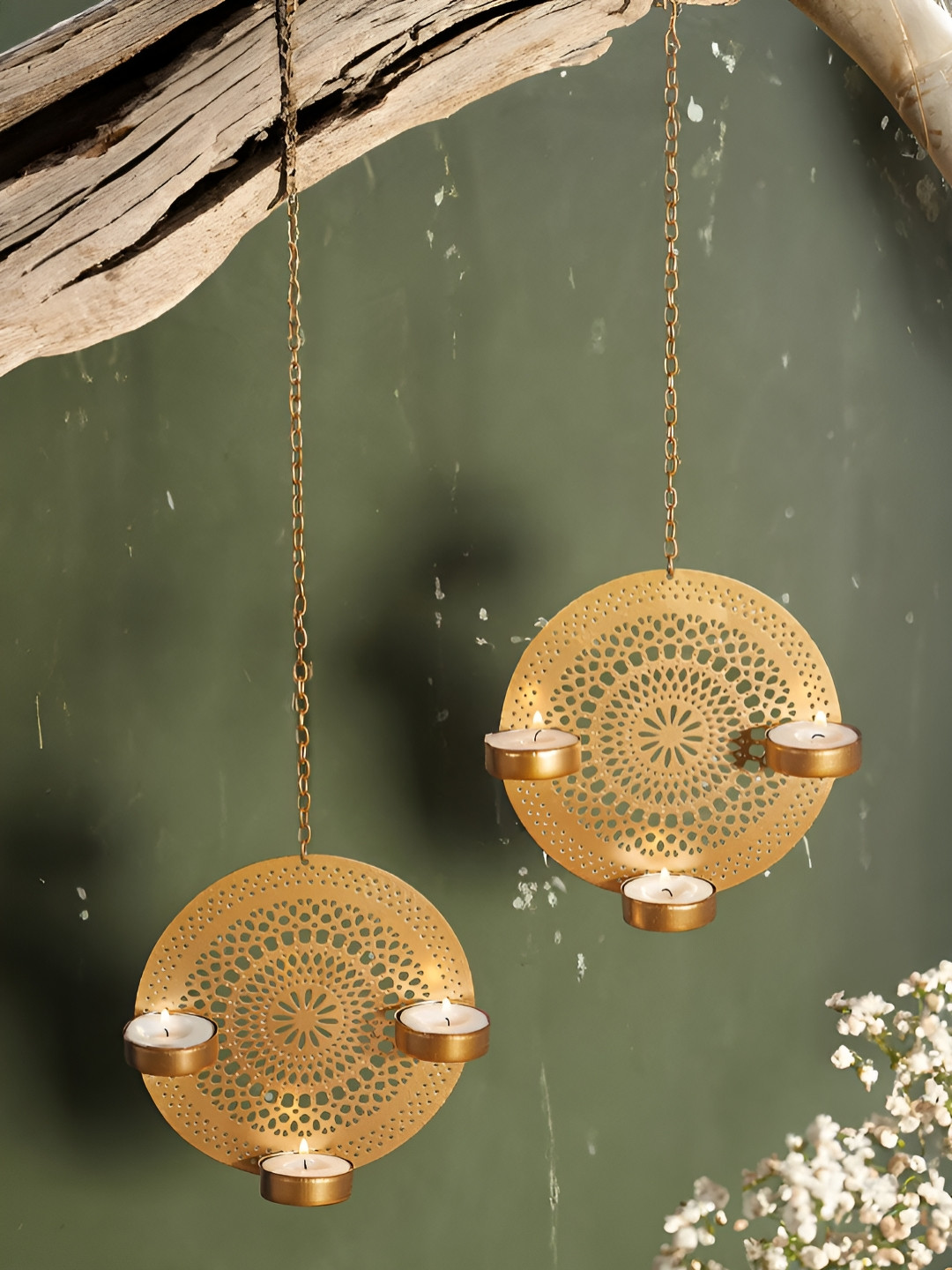 Homspurts Blossoms Hanging Gold Toned 2 Pieces Metal Candle Holders