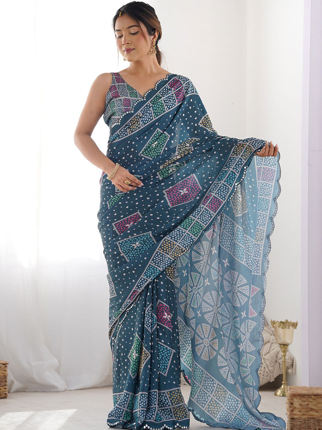 LeeliPeeri Designer Mirror Work Poly Chiffon Saree