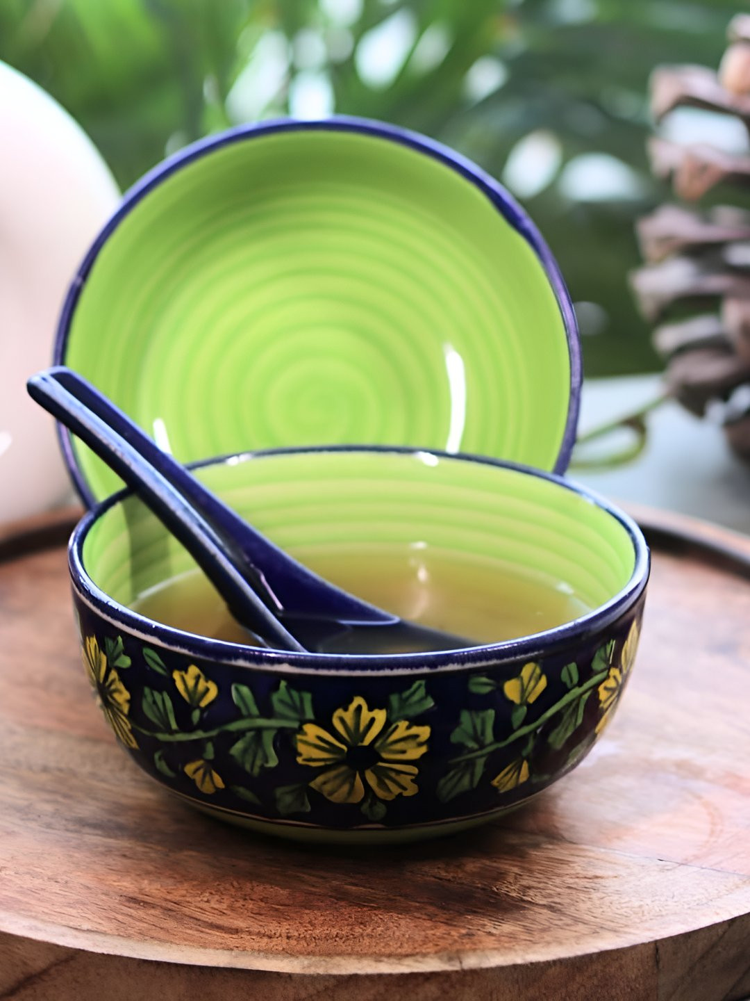 Rare Planet Green 3 Pieces Ceramic Dishwasher and Microwave Safe Serving Bowl & Spoon