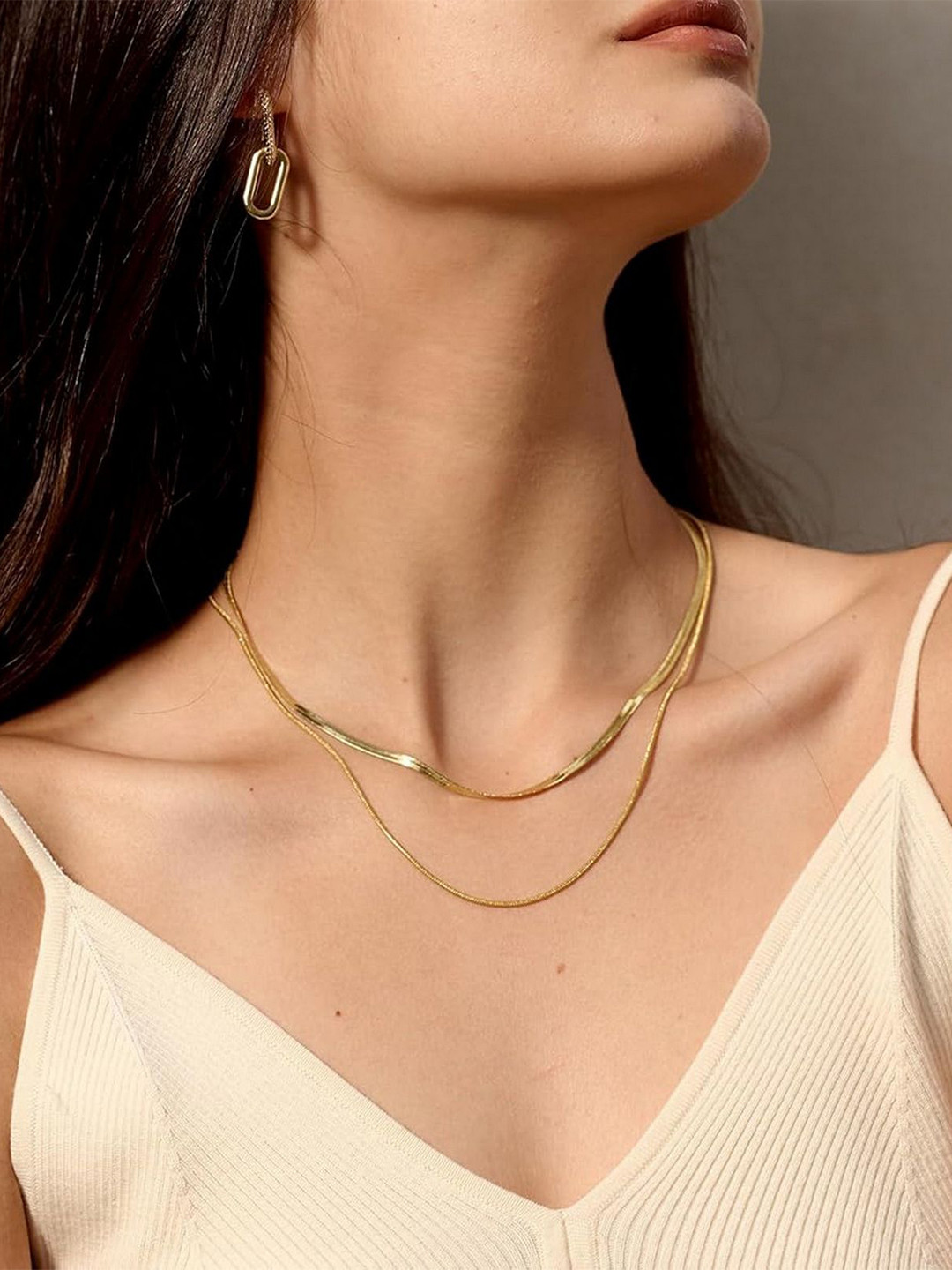 VAMA Women Gold-Plated Anti Tarnish Stainless Steel Herringbone Snake Minimal Chain