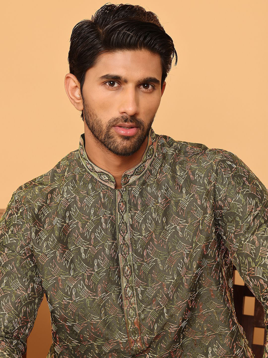 Anouk Olive Green Geometric Embroidered Mandarin Collar Silk Kurta
